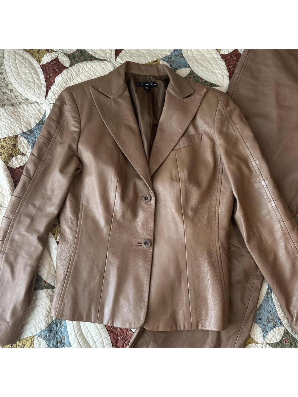 Vintage Penta brown 100% real leather woman’s pants suit Size 8 rare statement - Picture 2 of 6